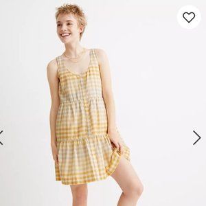 NEW Madewell Button-Front Tiered Mini Dress yellow gingham Small NWT